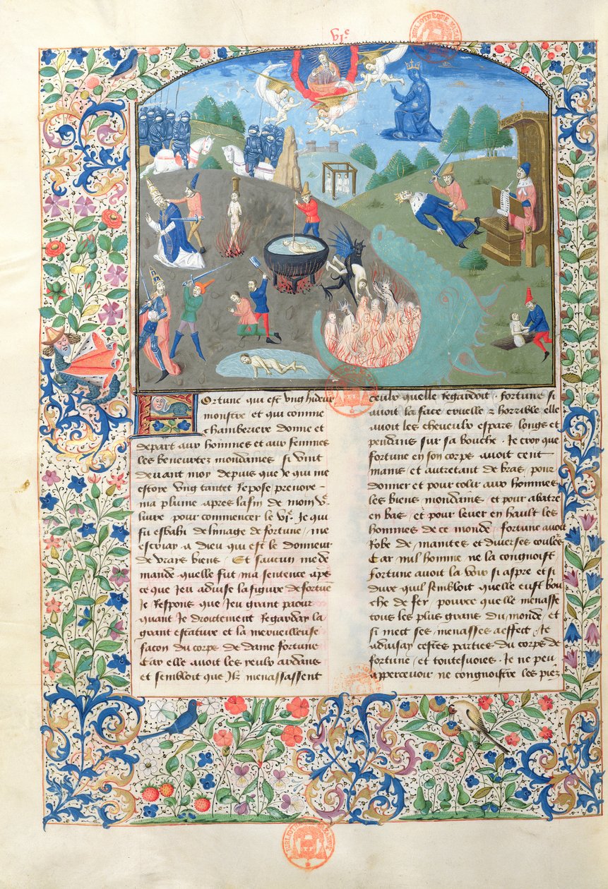 Ms 3878 kohtauksia taistelusta, tappamisesta ja helvetistä De Casibus Virorum Illustriumista, kirjoittanut Giovanni Boccacci (1313-75) tekijältä French School
