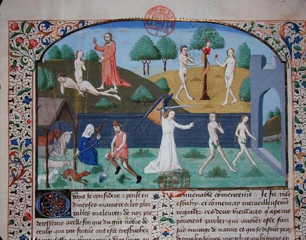 Ms 3878 Eevan luominen, Aatamin ja Eevan kiusaaminen ja karkottaminen, Giovanni Boccaccion (1313-75) teoksesta "Des cases des nobles hommes et femmes" (pergamentti). tekijältä French School