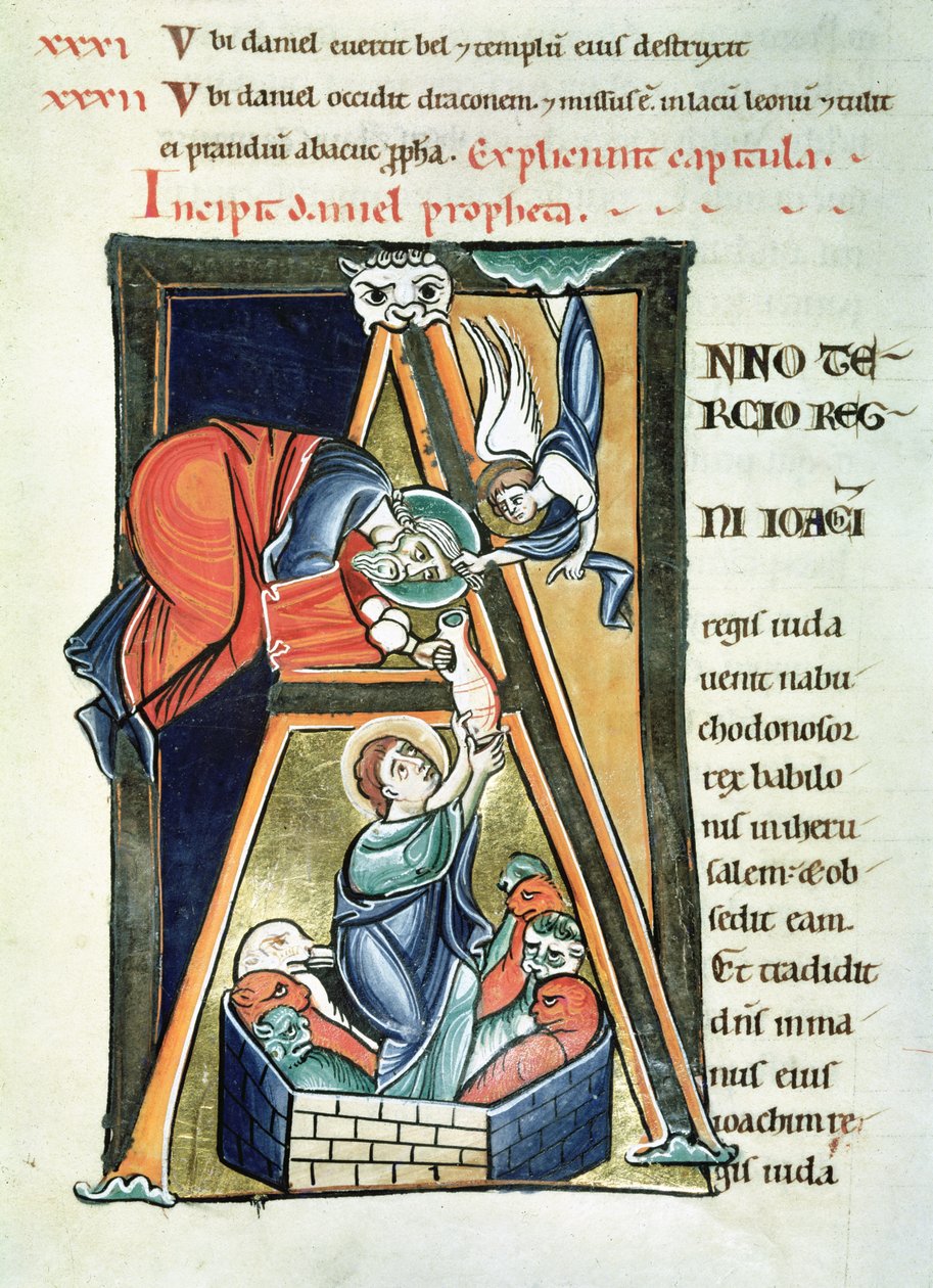 Ms 3 fol.233 Historioitu alkukirjain A, joka kuvaa Danielia Lions luolassa, Saint-Sulpice de Bourgesin Raamatusta tekijältä French School