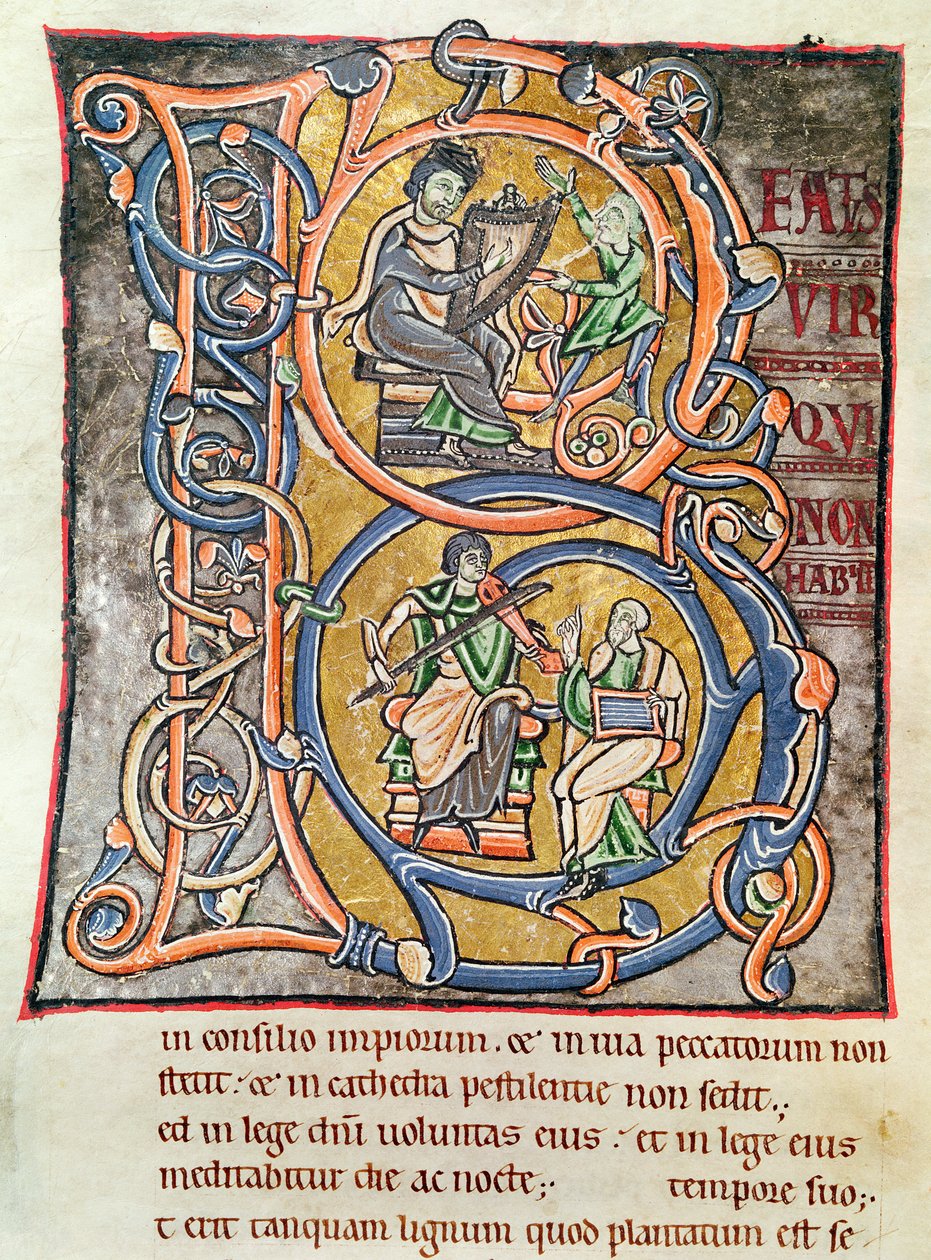 Ms 3 fol.255 Historioitu alkukirjain "B", joka kuvaa kuningas Daavidia, "Bible de Saint-Sulpice de Bourges" tekijältä French School