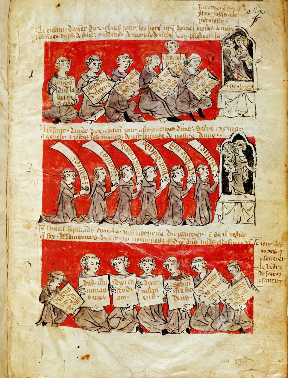 Ms 406 fol.6 Kohtauksia College of Hubantin tai College of the Blessed Virginin opiskelijoiden elämästä Pariisissa, College of Hubantin perussäännöstä, 1387 tekijältä French School