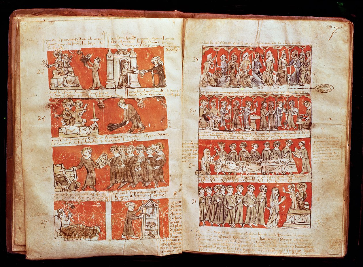 Ms 408 kohtauksia opiskelijoiden elämästä College of the Blessed Virgin -yliopistossa Pariisissa, College of Hubantin perussäännöstä, 1387 tekijältä French School