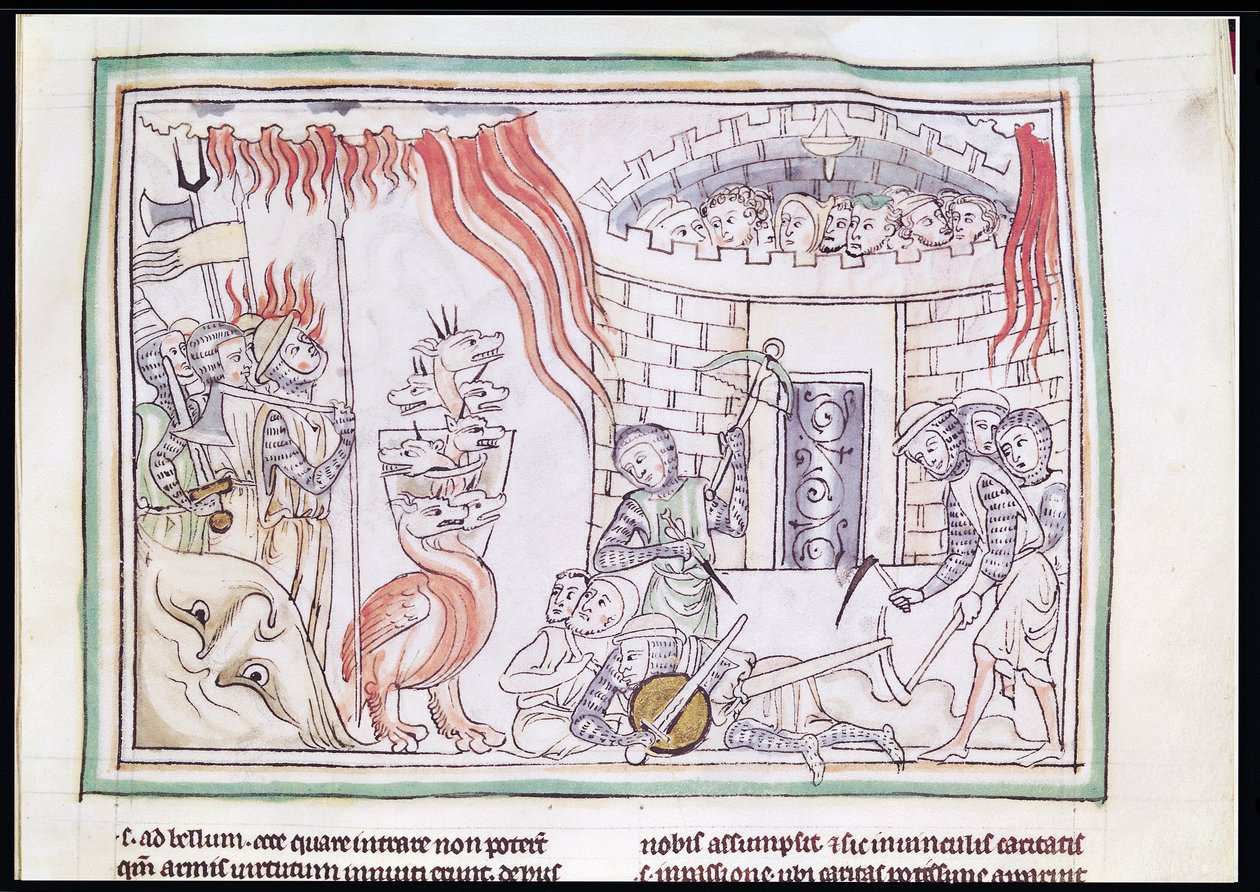 Ms 422 Fol.95r Taivaallinen tuli, joka tuhoaa Saatanan armeijan, kohtaus Apokalypsista tekijältä French School