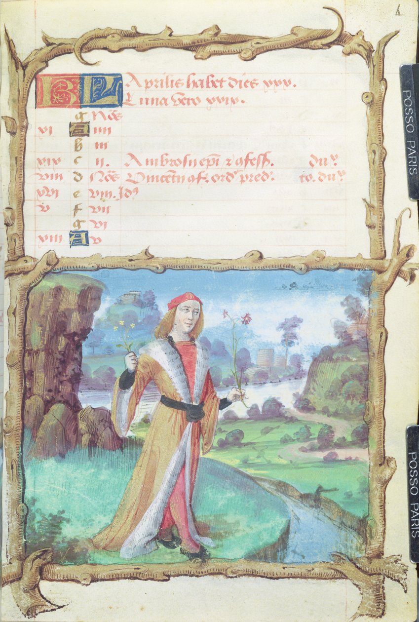 Ms 438 Huhtikuu: herrasmies poimii kukkia, tuntikirjasta, 1490 tekijältä French School