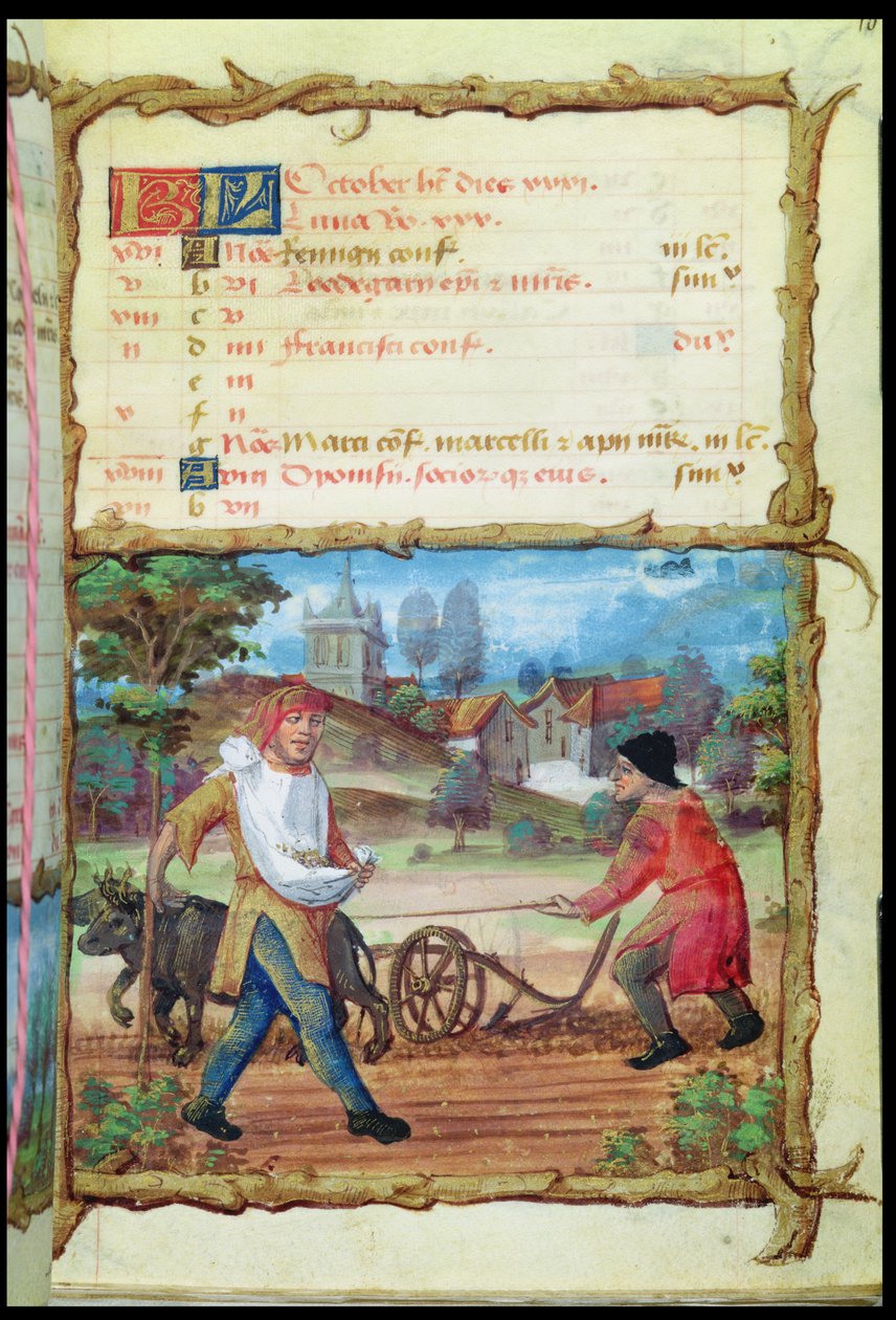 Ms 438 Lokakuu: Kyntö ja kylvö, Tuntikirjasta, 1490 tekijältä French School