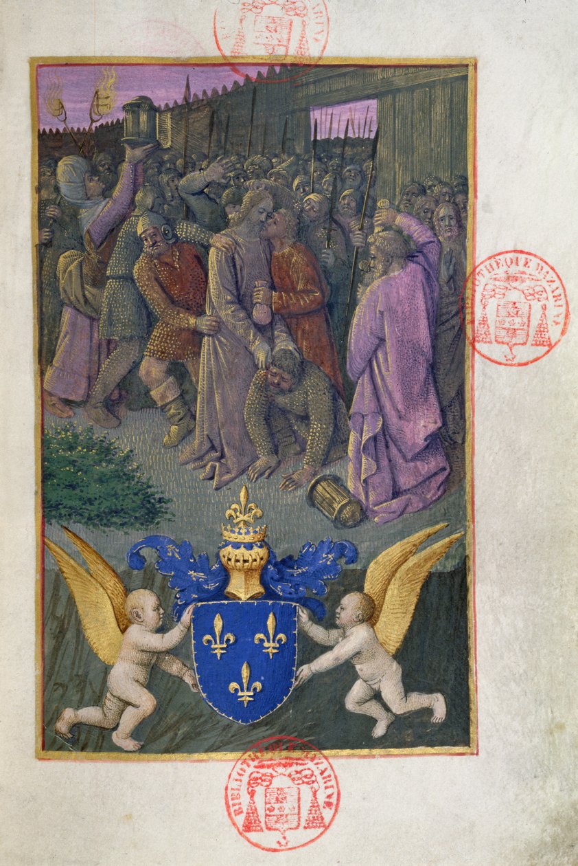 Ms 473 Juudas suutelemassa Kristusta, pienoiskuva Charles of Francen tunneista, n. 1466-1469 tekijältä French School