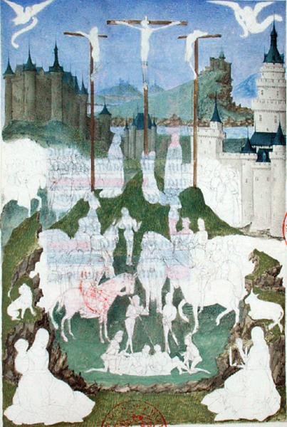 Ms 473 Ristiinnaulitseminen tai Golgata, keskeneräinen miniatyyri "Heures de Charles de Francesta", n. 1466-69 (guassi paperilla) tekijältä French School