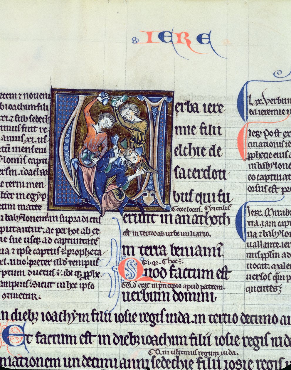 Ms 48 fol.95v Historioitu alkukirjain V, joka kuvaa profeetta Jeremian kivittämistä tekijältä French School