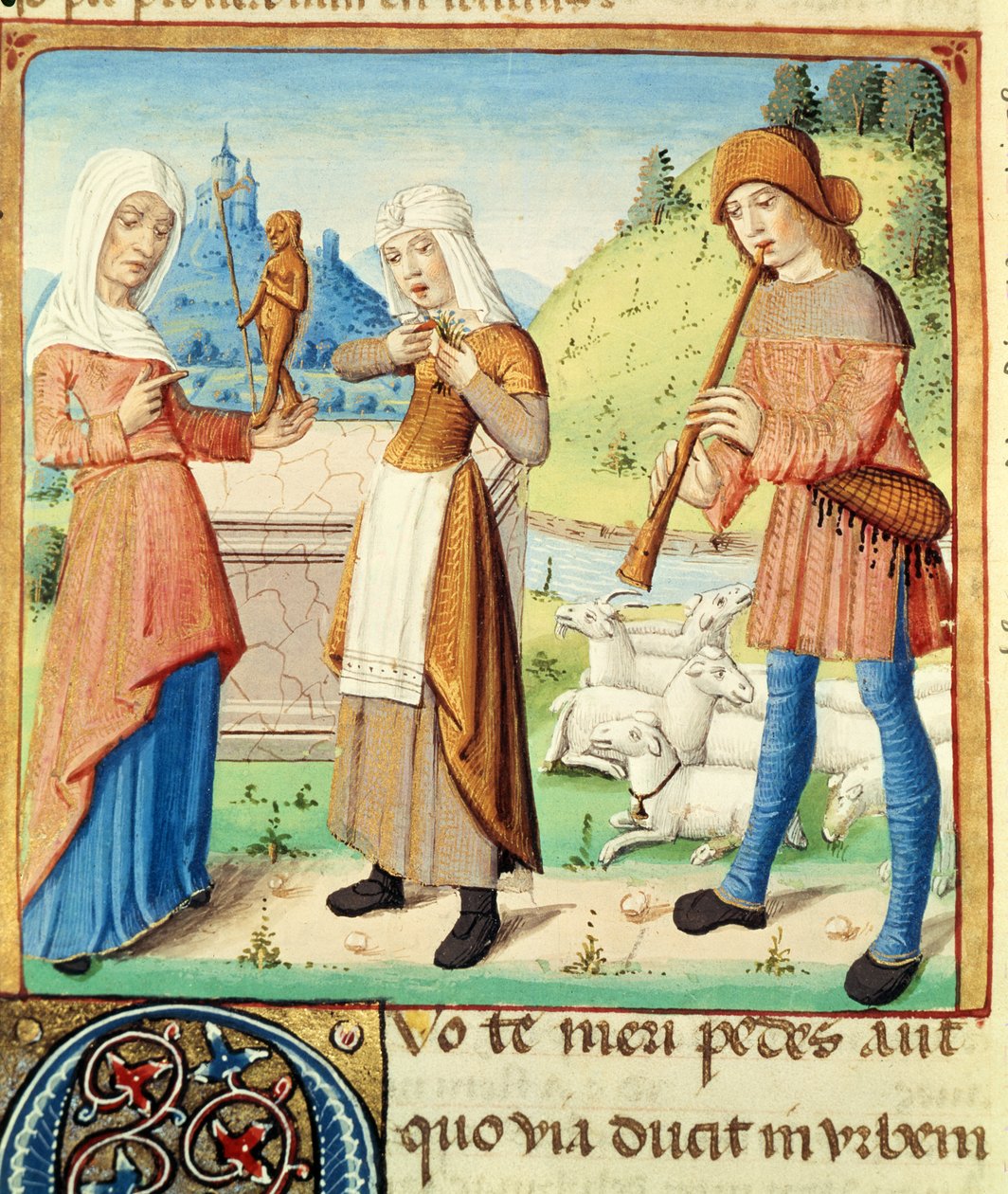 Ms 493 fol.15v Paimen Menalcas ja hänen onneton rakkautensa, Vergiliuksen Ecloguesista Serviuksen kommentilla, 1469 tekijältä French School