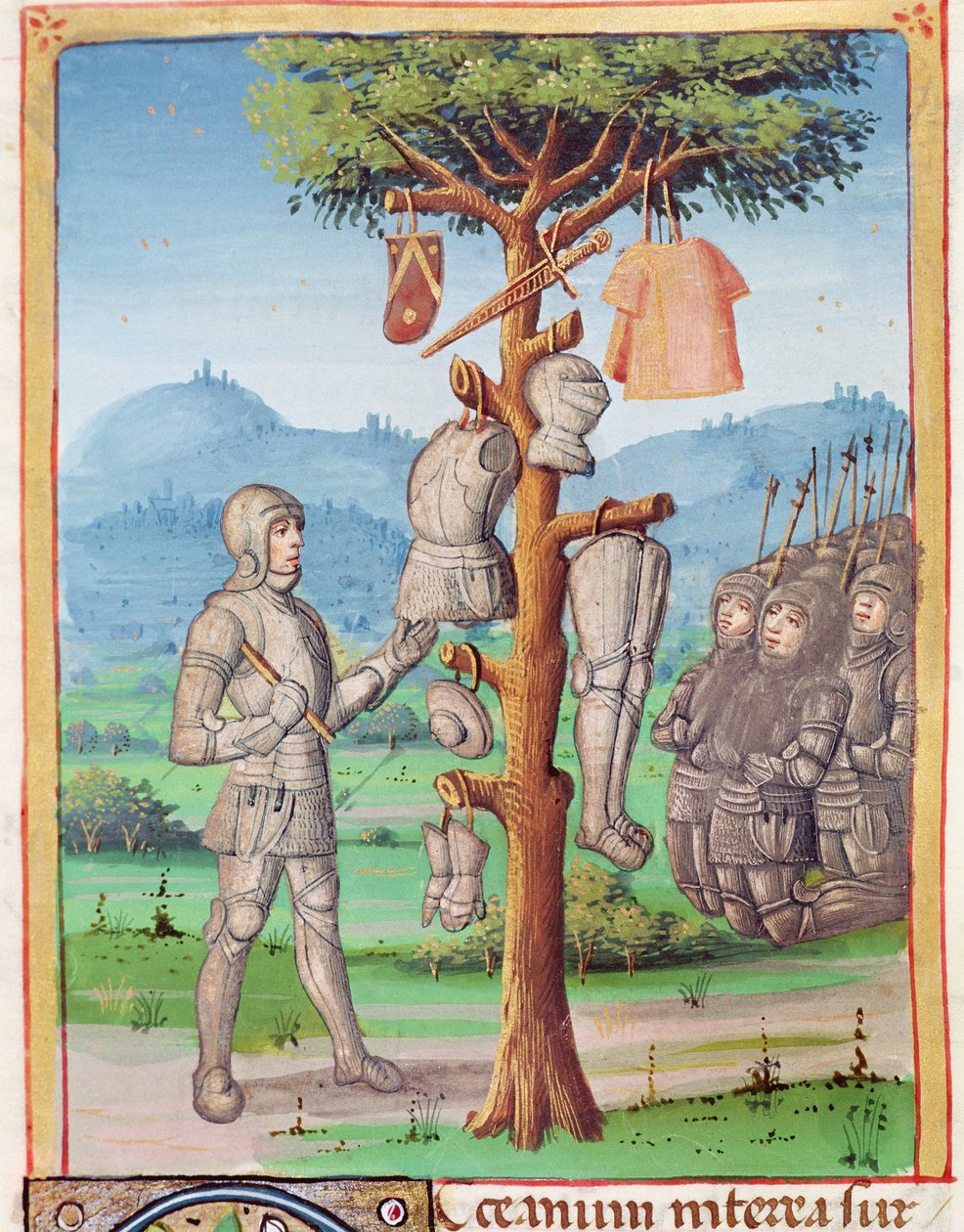 Ms 493 fol.193v Aeneas ripustaa Mezentiuksen haarniskan tammipuusta, Vergiliuksen Aeneidista Serviuksen kommentilla, 1469 tekijältä French School