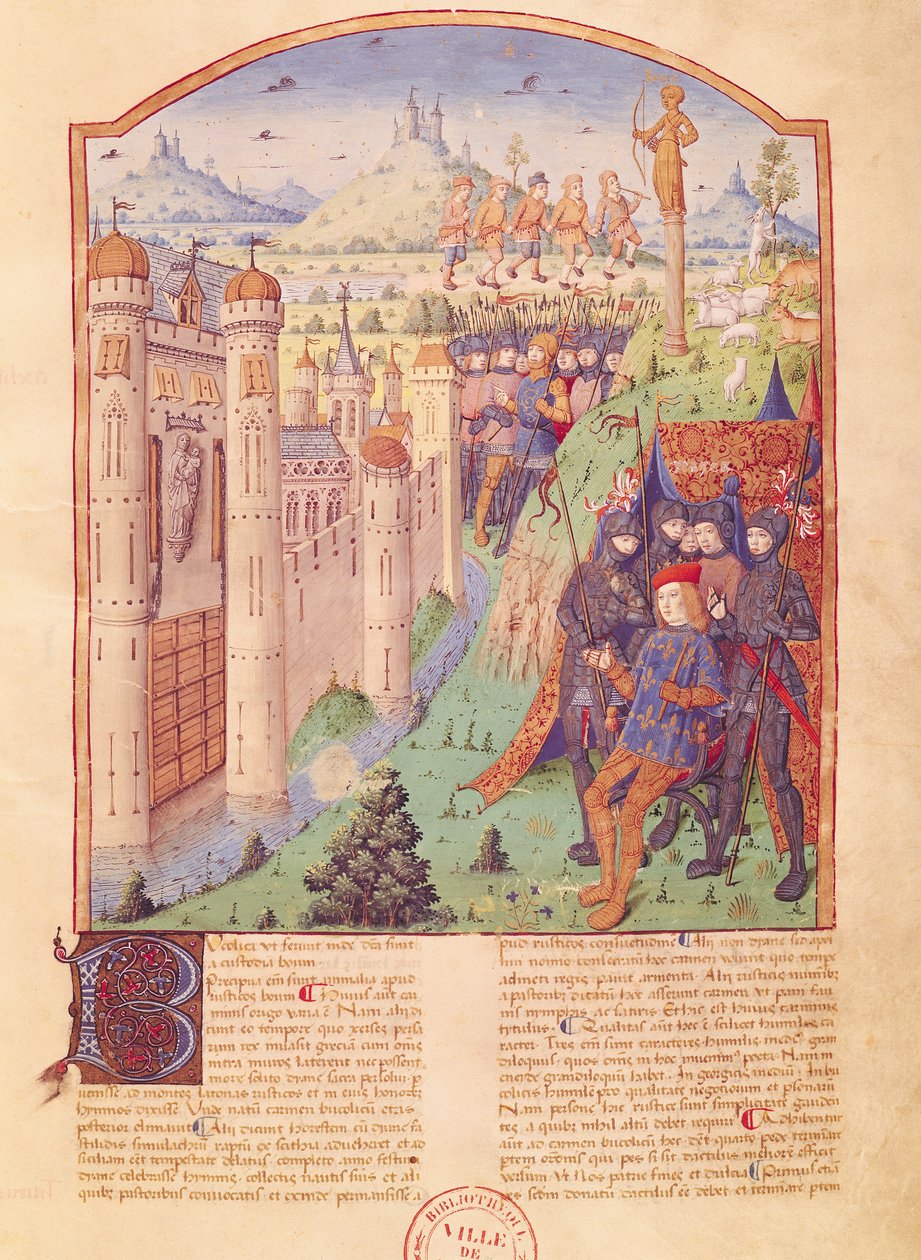 Ms 493 fol.1r The Works of Vergilius ja Serviuksen kommentit, The Bucolics, kuningas istuu valtaistuimellaan vartijoidensa ympäröimänä linnoituksen kaupungin edessä, Ranska, 1469 tekijältä French School