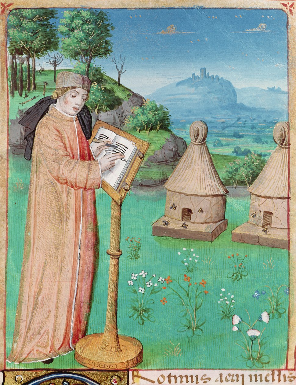 Ms 493 fol.45 Vergilius (70-19eKr.) kirjoittamassa mehiläisten elämää, Vergiliuksen teoksesta The Georgics ja Serviuksen kommentit, 1469 tekijältä French School