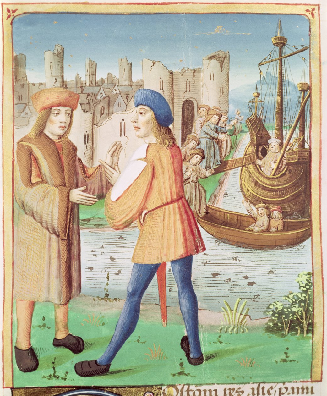 Ms 493 fol.87 Aeneasin lähtö, Vergiliusin Aeneis ja Serviuksen kommentit, 1469 tekijältä French School