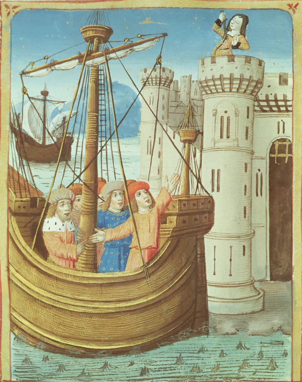 Ms 493 fol.99v Aeneaksen ja Didoksen kuoleman lähtö, Vergiliusin Aeneidasta Serviuksen kommentilla, 1469 tekijältä French School