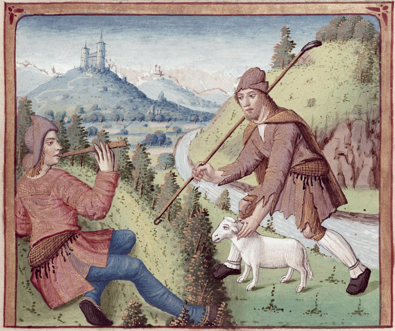 Ms 498 f.3v Tityrus tapaa Meliboeuksen, Vergiliuksen Eclogues-sarjasta Serviuksen kommentilla, 1469 tekijältä French School