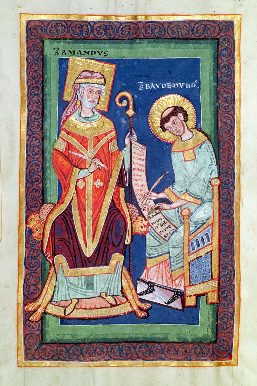 Ms 501 Fol.58 St. Amand palauttaa kirjakäärön St. Baudemondiin St. Baudemondin teoksesta St. Amandin elämä ja ihmeet (n. 1150–1199) tekijältä French School