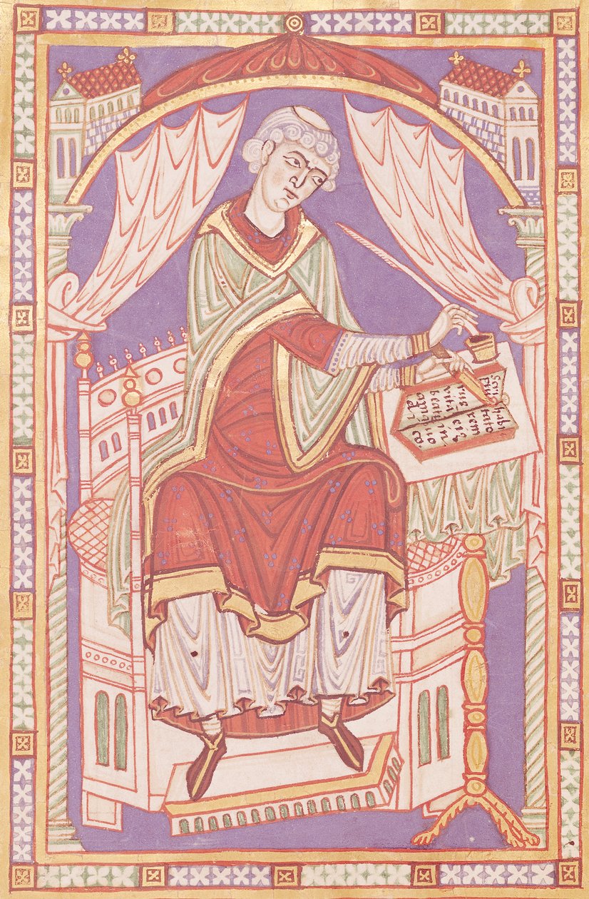 Ms 501 fol.5v Baudemond Writing, teoksesta Life and Miracles of Saint Amand tekijältä French School