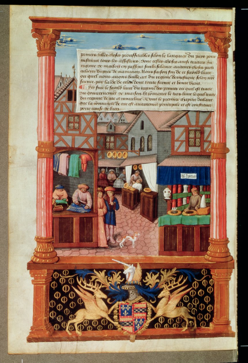 Ms 5062 fol.149v Katu, jolla on kauppoja ja Robert Stuartin, dAubigny Lucrecen marsalkka, vaakuna Gilles de Romen Livre de Gouvernement des Princesistä tekijältä French School