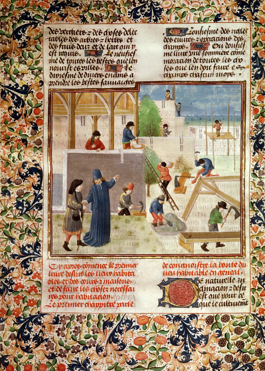 Ms 5064 fol.2v Talonrakennus, Livre des Prouffitz Champestres, Pietro de Crescenzi (1230-132021) tekijältä French School