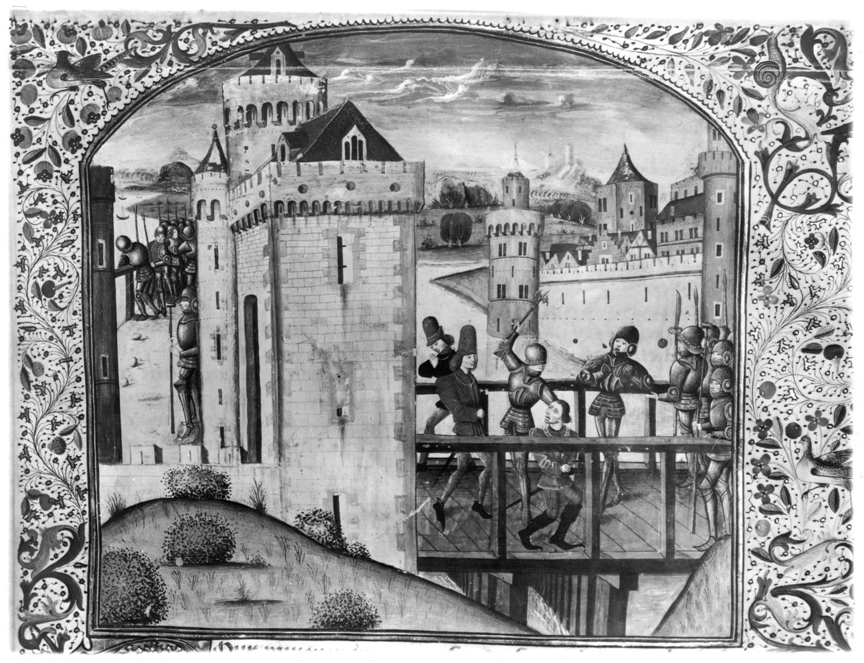 Ms 5084 Johannes Peloton (1371-1419) Burgundin herttuan salamurha Montereaun sillalla, 10. syyskuuta 1419, Chroniques dEnguerrand de Monstrelet tekijältä French School