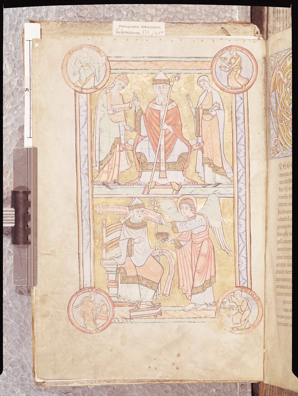 Ms 512 fol.4v St. Gregory Suuri (n. 540-604) isänsä Gordienin ja äitinsä Silvian ja enkelinä hukkuneen miehen välillä Liber Pastoralisista tekijältä French School