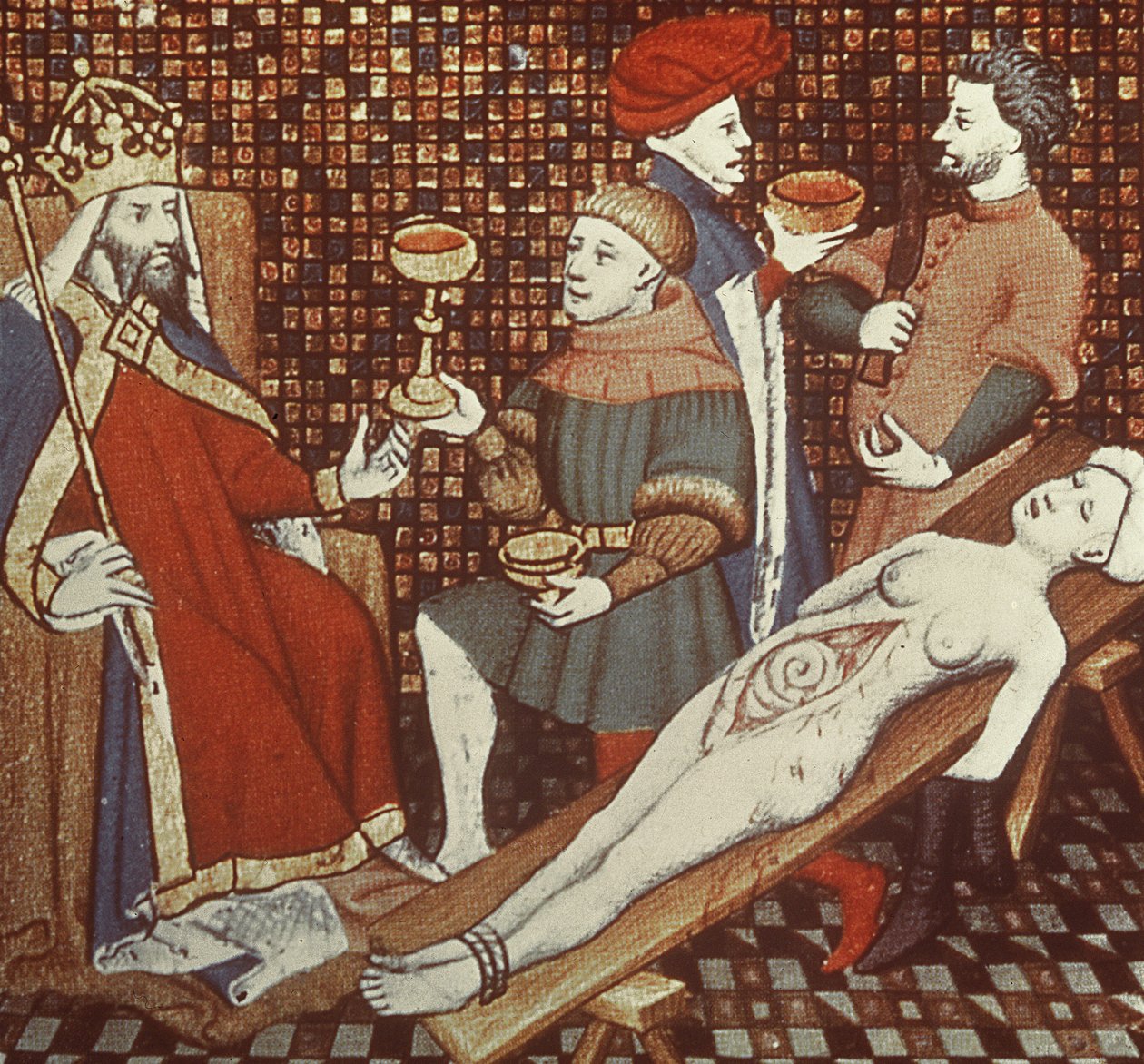 Ms 5193 f.290v Nero leikkaamassa äitiään Jean Sans Peur -julkaisusta The Cases of Men, jonka kuvitti Giovanni Boccaccio (1313-75) n. 1410 tekijältä French School