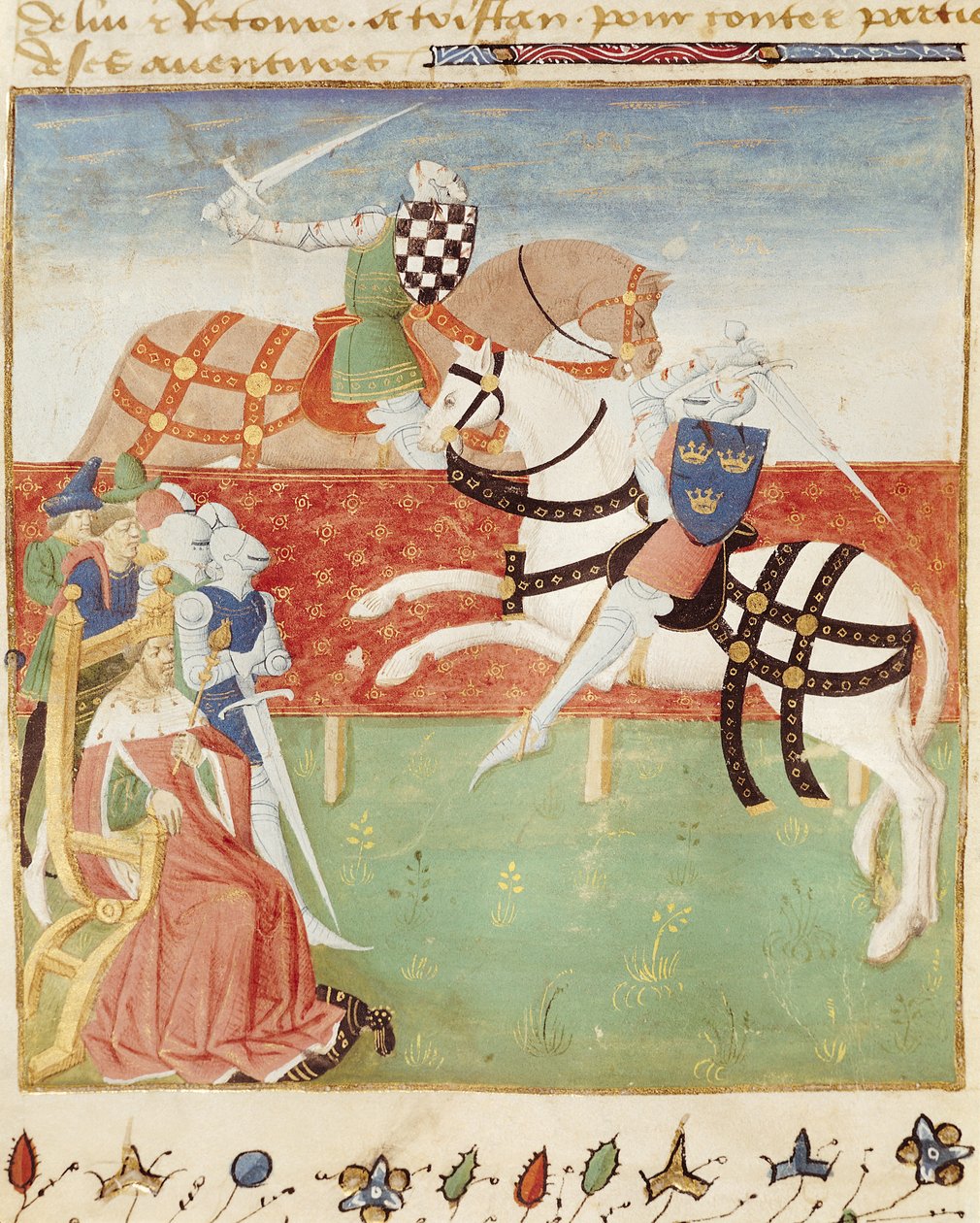 Ms 527 fol.40v Kahden ritarin yhteenotto kuninkaan edessä, Roman du Saint Graal tekijältä French School