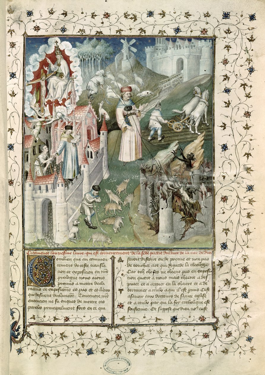 Ms 55 t.2 fol.3 Jumalan kaupunki, Caenin kaupunki ja paheiden kaupunki Pyhän Augustinuksen Hippolaisen (354-430) La Cite de Dieusta kääntänyt Raoul de Preles (1316-82) tekijältä French School