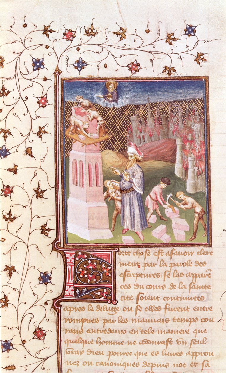 Ms 55 t f.111v Nimrod, joka valvoo Baabelin tornin rakentamista, St. Augustinuksen teoksesta La Cite de Dieu, kääntänyt Raoul de Presles (1316-82) n. 1400-50 tekijältä French School