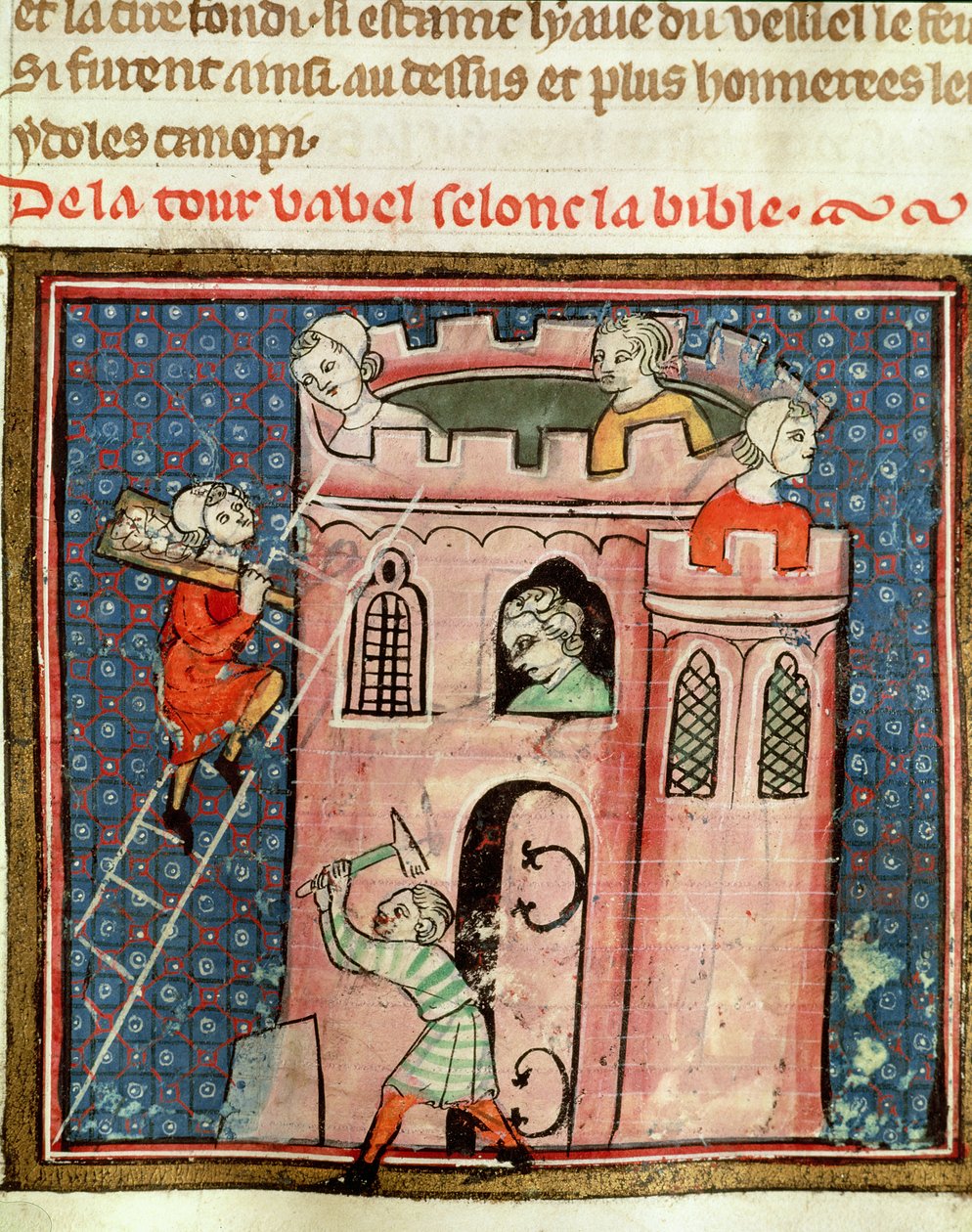 Ms 59 fol.17r Baabelin tornin rakentaminen, Guiart des Moulinsin Bible Historialesta tekijältä French School