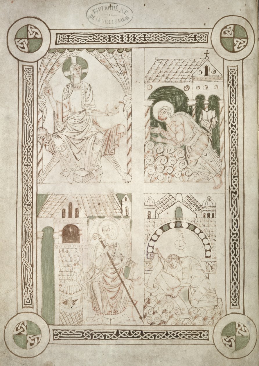 Ms 616 f.1v Pyhä Augustinus Kristuksen ja kirjanoppijan jaloissa Alardus tarjoaa kirjansa St. Vaastiin, Pyhän Augustinuksen Confessionsin etukappale tekijältä French School