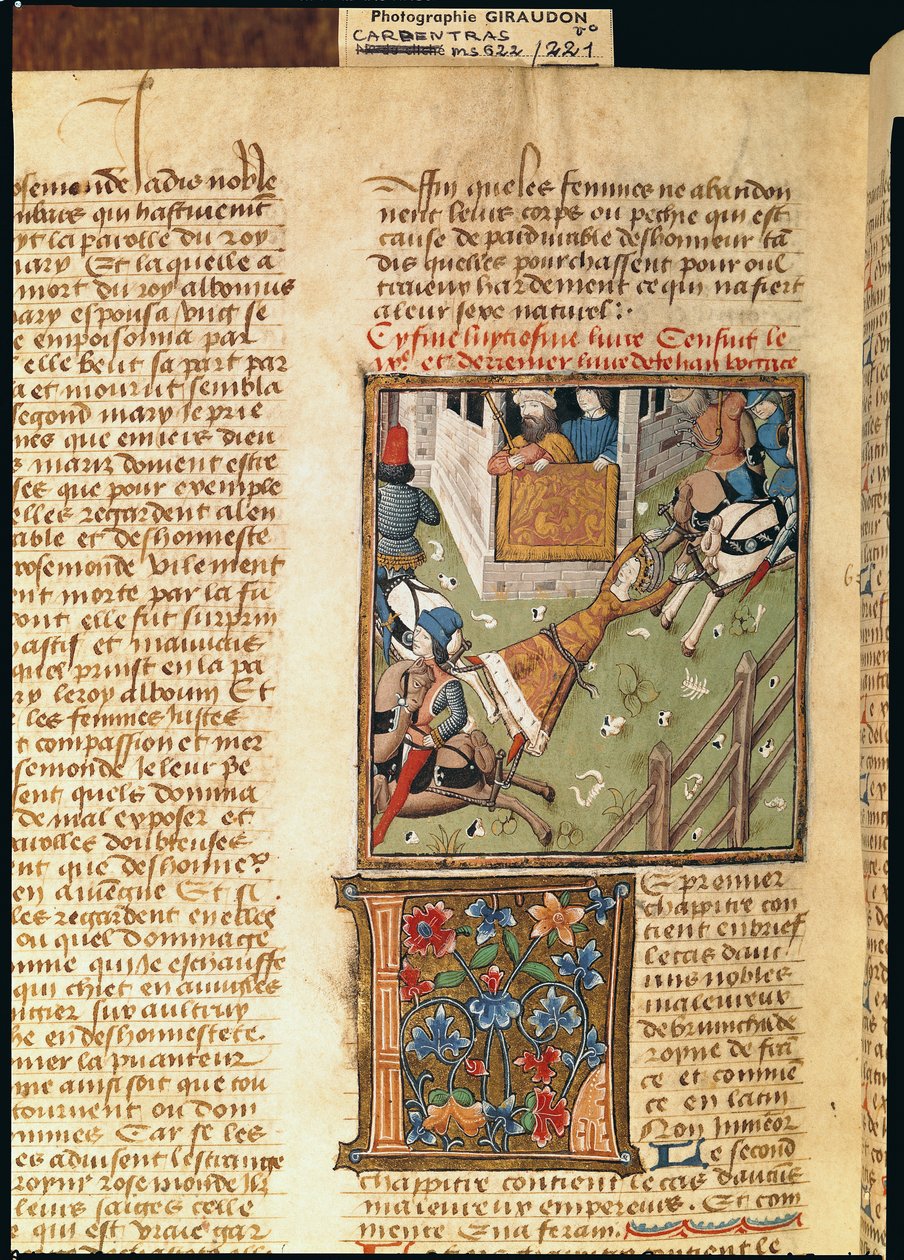 Ms 622 fol.221v Brunhildan kidutus, Des Hommes Illustres, n. 1460 tekijältä French School