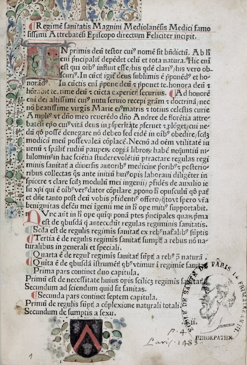 Ms 6310 Ensimmäinen sivu Regimen Sanitatisista, 1483 tekijältä French School