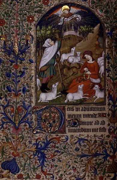 Ms 63 f.60v Enkeli ilmestyy paimenelle, nainen istuu tekemässä seppelettä, Tuntikirjasta, n. 1460 (vellum) tekijältä French School