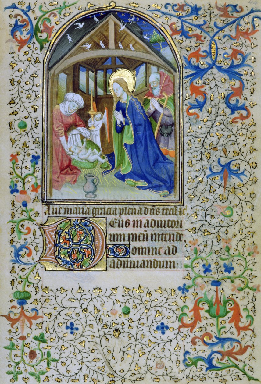 Ms 66 f.44r Neitsyt ja Joosef palvovat vastasyntynyttä Kristusta Tuntien kirjasta, Amiens tekijältä French School