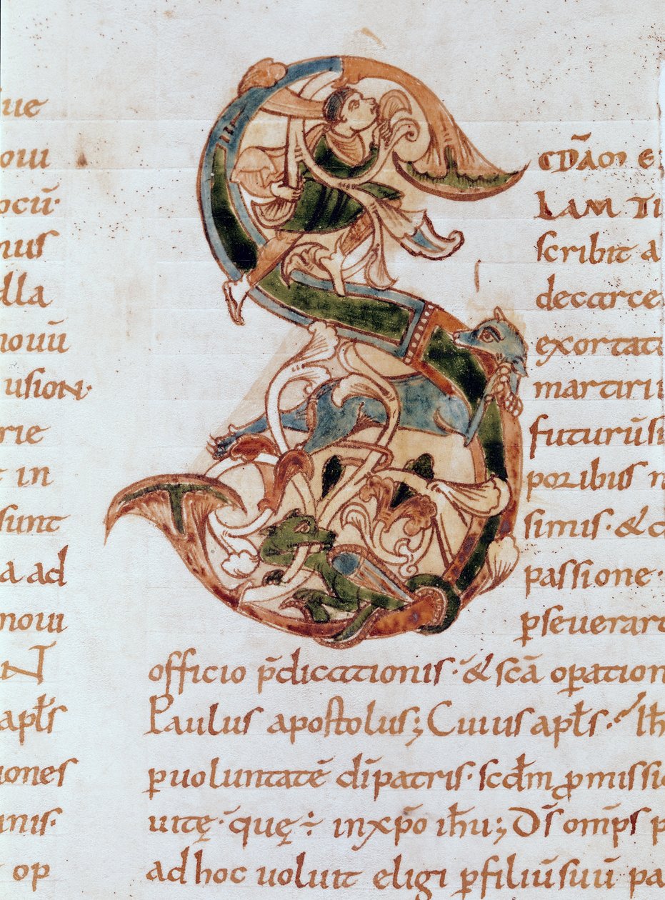 Ms 67 fol.195 Historioitu alkukirjain "S", Pyhän Paavalin kirjeiden kommentista tekijältä French School