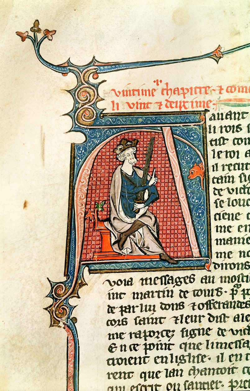 Ms 682 fol.17v Historioitu alkukirjain A, joka esittää istuvaa kuningasta pitelemässä kaksiteräistä miekkaa tekijältä French School
