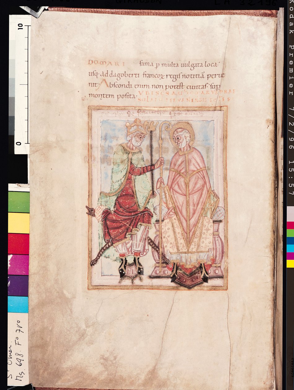Ms 698 f.7v Dagobert I (609-39), frankkien kuningas, joka sijoittaa St. Audomarus Omerin (d.c.669) Therouannen piispan lähetyssaarnaajapiispaksi Pas-de-Calais