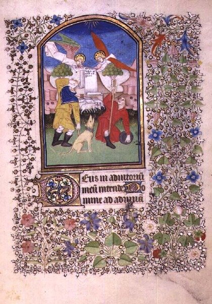 Ms 69 f.52r Kaksi enkeliä ilmestymässä paimenille, Besanconin tuntikirjasta (vellum) tekijältä French School