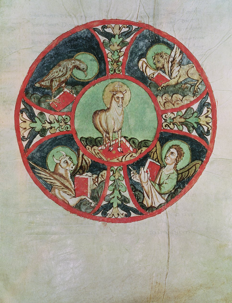 Ms. 69 fol.138v Jumalan Karitsa evankelistien symbolien ympäröimänä tekijältä French School