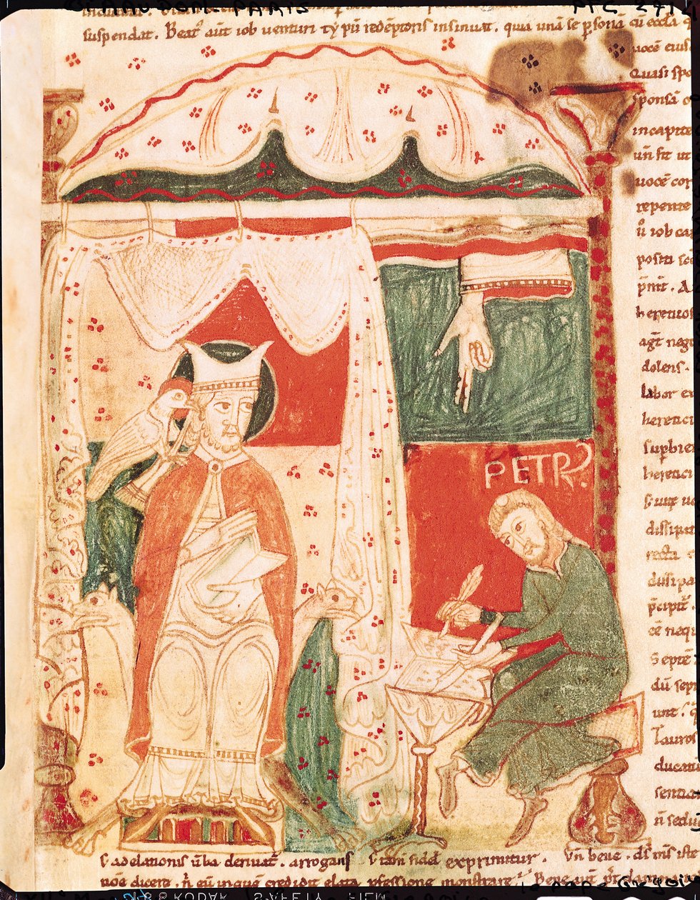 Ms 70 f.57 Paavi Gregorius I Suuri (n. 540-604) sanelemassa Jobin kirjaa kirjurilleen Pietarille, paavi Gregorius Suuren Moralia Jobissa tekijältä French School