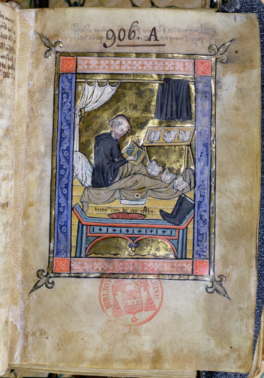 Ms 753 Fol.9 Munkki kirjoittaa sängyssään, Guillaume de Tournain Flores Bernardi tekijältä French School