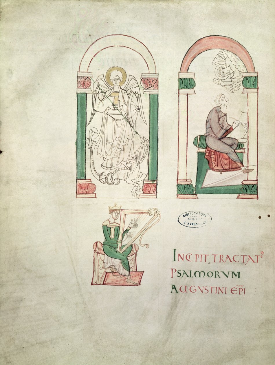 Ms 76 St. Michael, St. Augustine Writing ja St. David soittaa harppua, etukappale Saint Augustin Super Psalmosista tekijältä French School