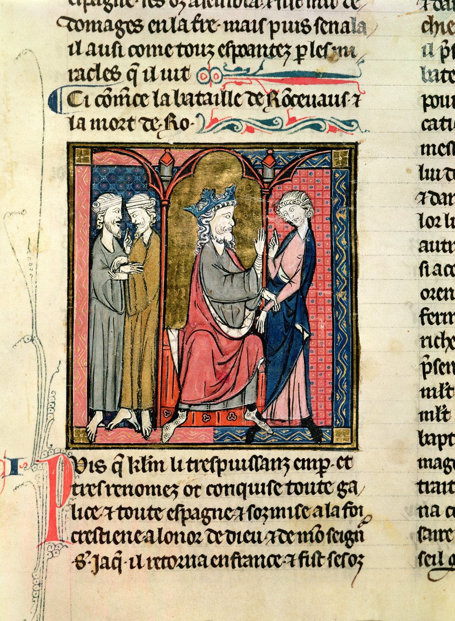 Ms 782 f.152r Charlemagne (742-814) lähetti Ganelonin Saragossan Kingsille, Marsilille ja Baligantille, Chroniques de Saint-Denis