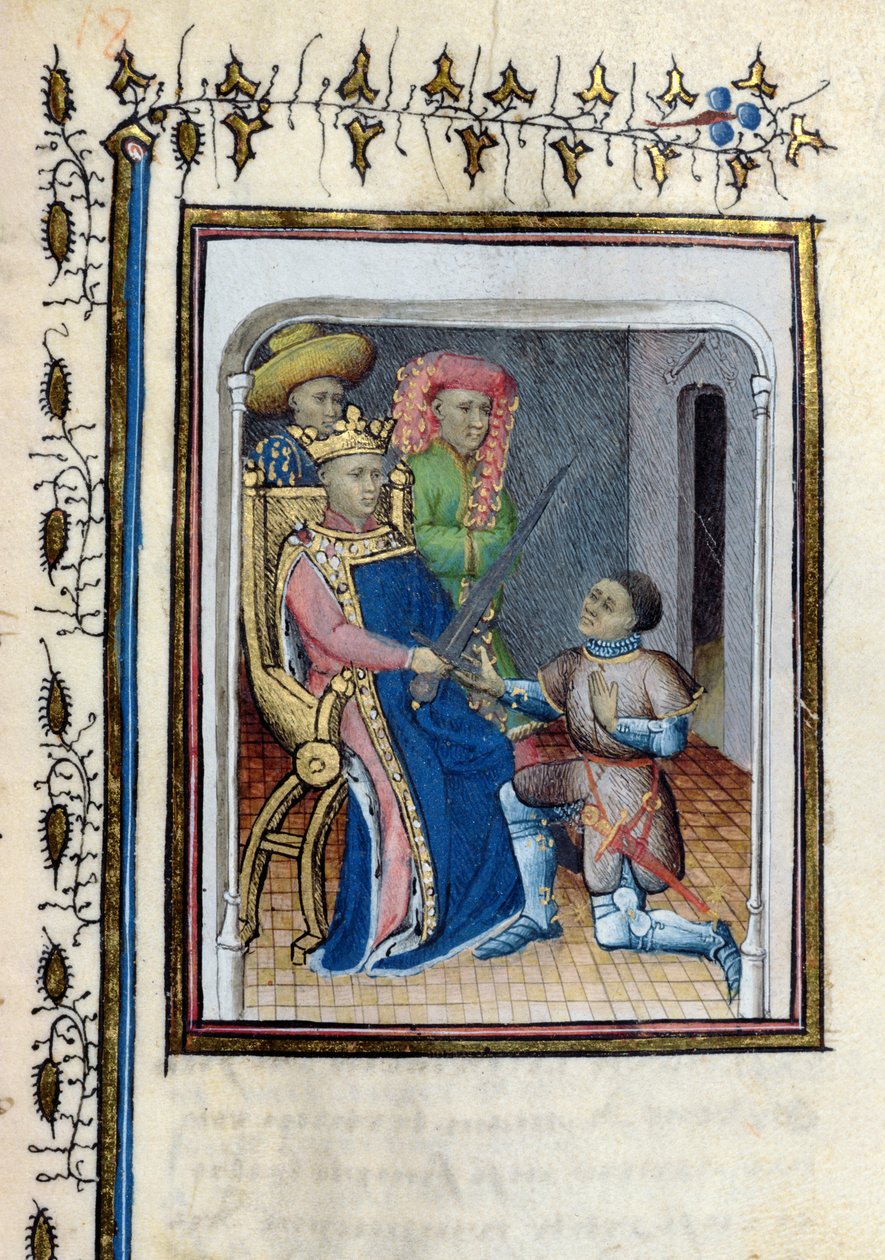 Ms 814 Charles V (1338-80) palauttaa ylikonstaapelin miekan Bertrand du Guesclinille (n. 1320-80) Histoire de Du Guesclinista Cuvelierin runon jälkeen 1400-luvun alussa. tekijältä French School