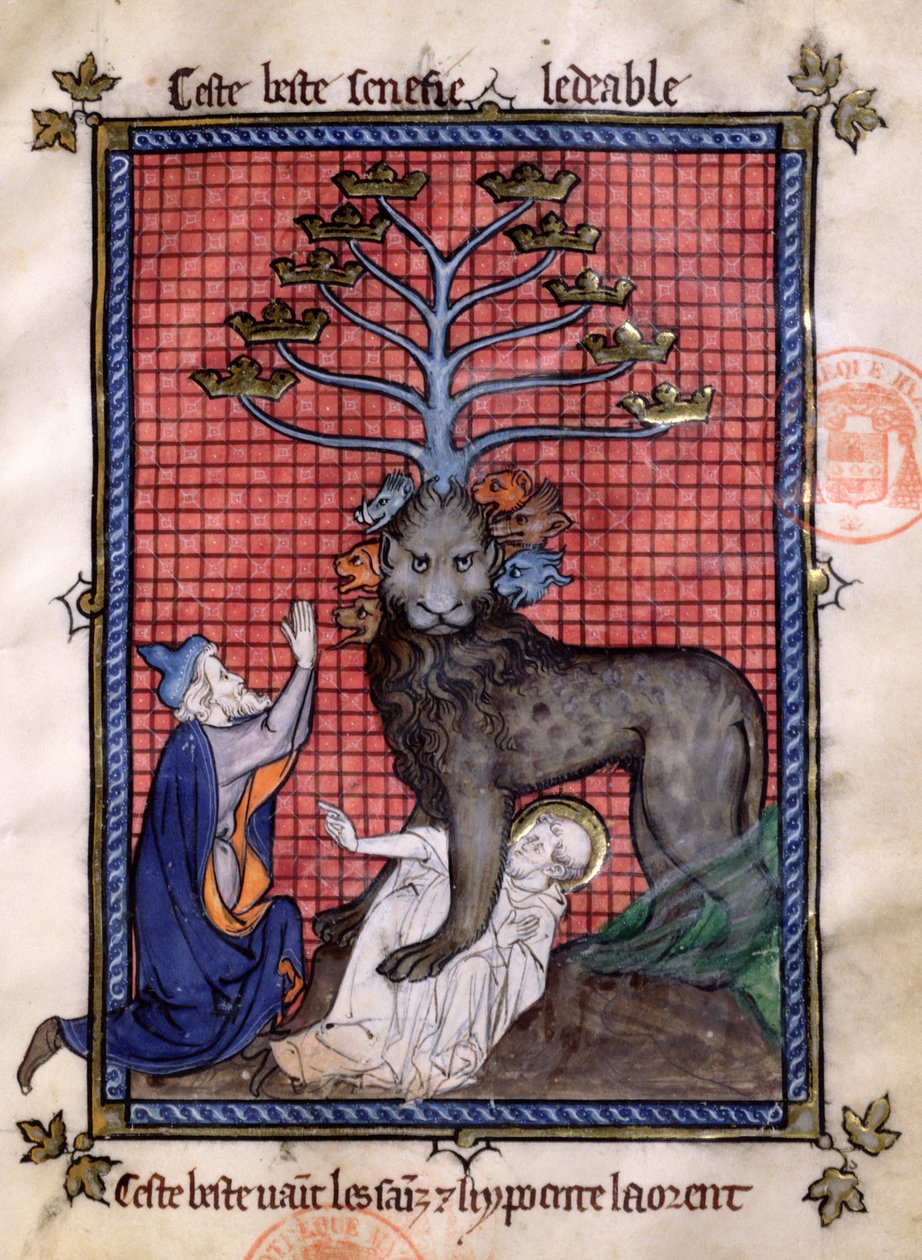 Ms 870 Fol.8 Maailmanlopun seitsenpäinen peto, jota tekopyhä kunnioittaa ja murskaa pyhimyksen, Frere Laurentin La Somme le Roysta, valaisi Maitre Honore tekijältä French School