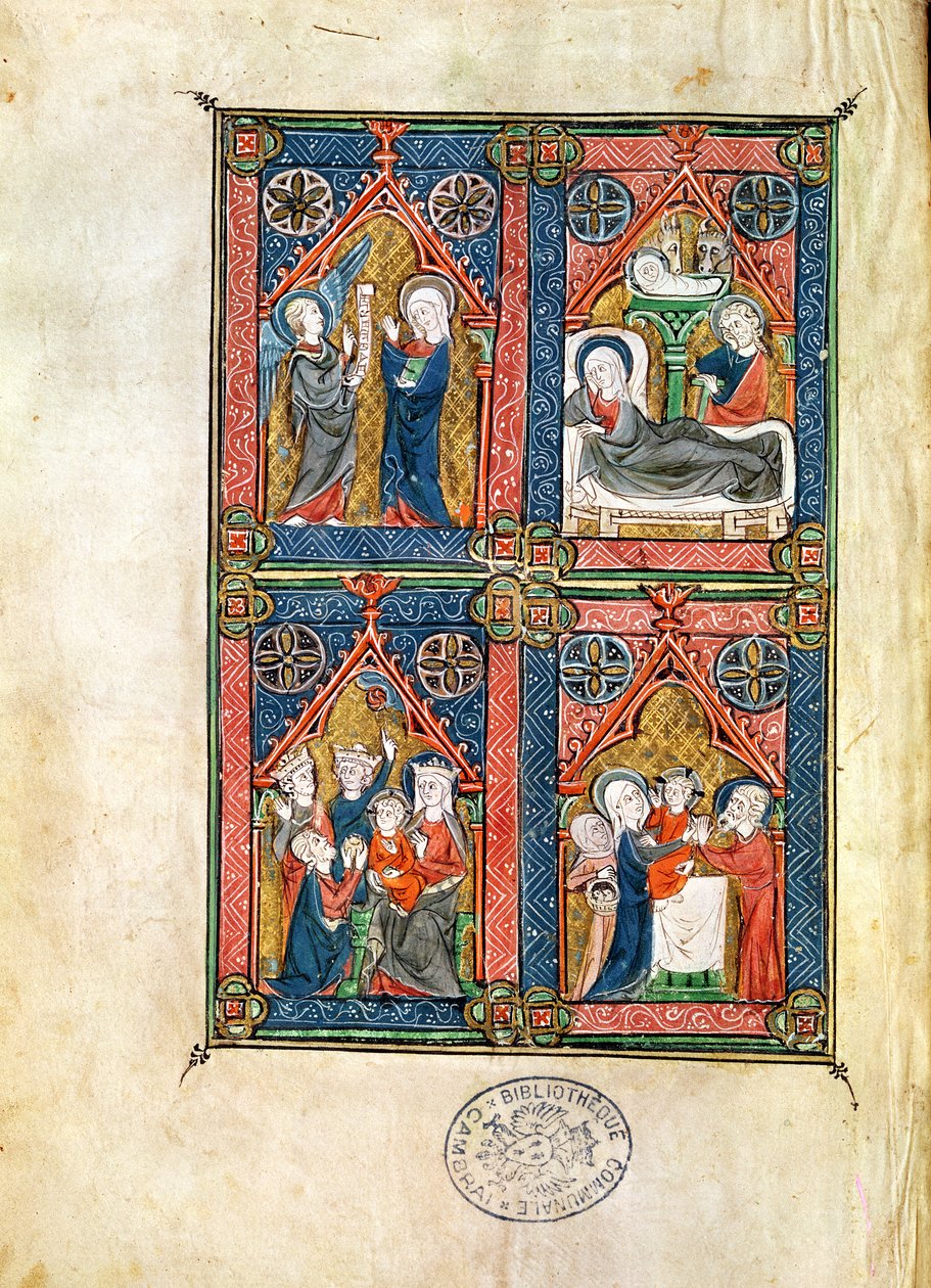 Ms 87 fol.16 Ilmoitus, syntymä, tietäjien palvonta ja puhdistautuminen, Mahaut dArtoisin tunteista tekijältä French School