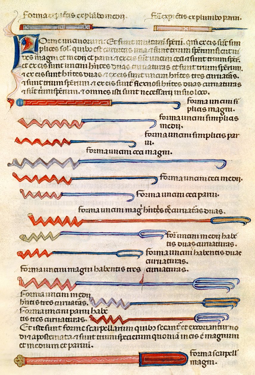 Ms 89 Ter fol.122r Kirurgiset instrumentit Abul Qasim Kalaf ibn al-Abbas al Zahrawin (Albucasis) tutkielmasta tekijältä French School