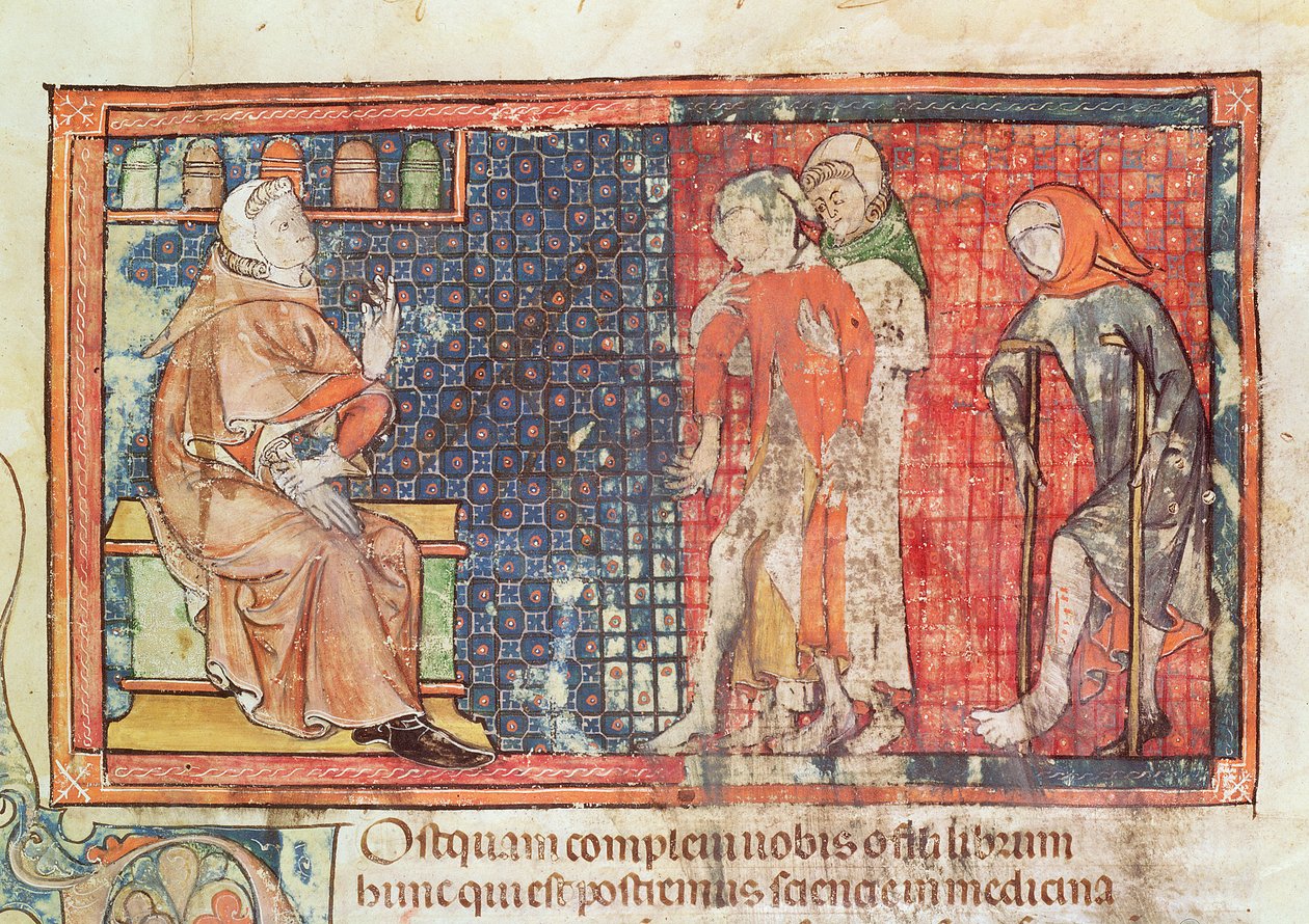 Ms 89 Ter fol.95 Sairas mies ja rampautunut mies esitelty lääkärille, Abul Qasim Kalaf ibn al-Abbas al Zahrawin (Albucasis) tutkielmasta tekijältä French School