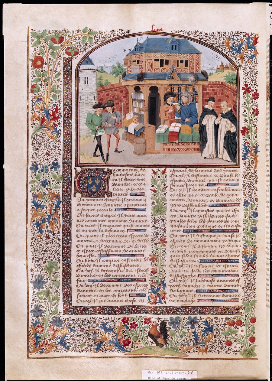 Ms 927 Fol.127v Kolme ystävyyden lajia, Aristoteleen (384-322 eKr.) teoksesta Etiikka, politiikka ja taloustiede tekijältä French School